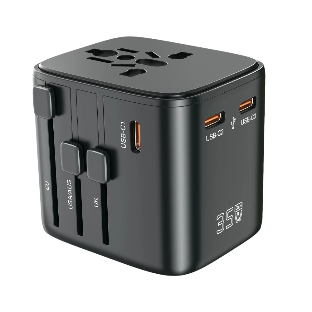 HHT909A kelioninis adapteris ir konfigūracijų vaizdai